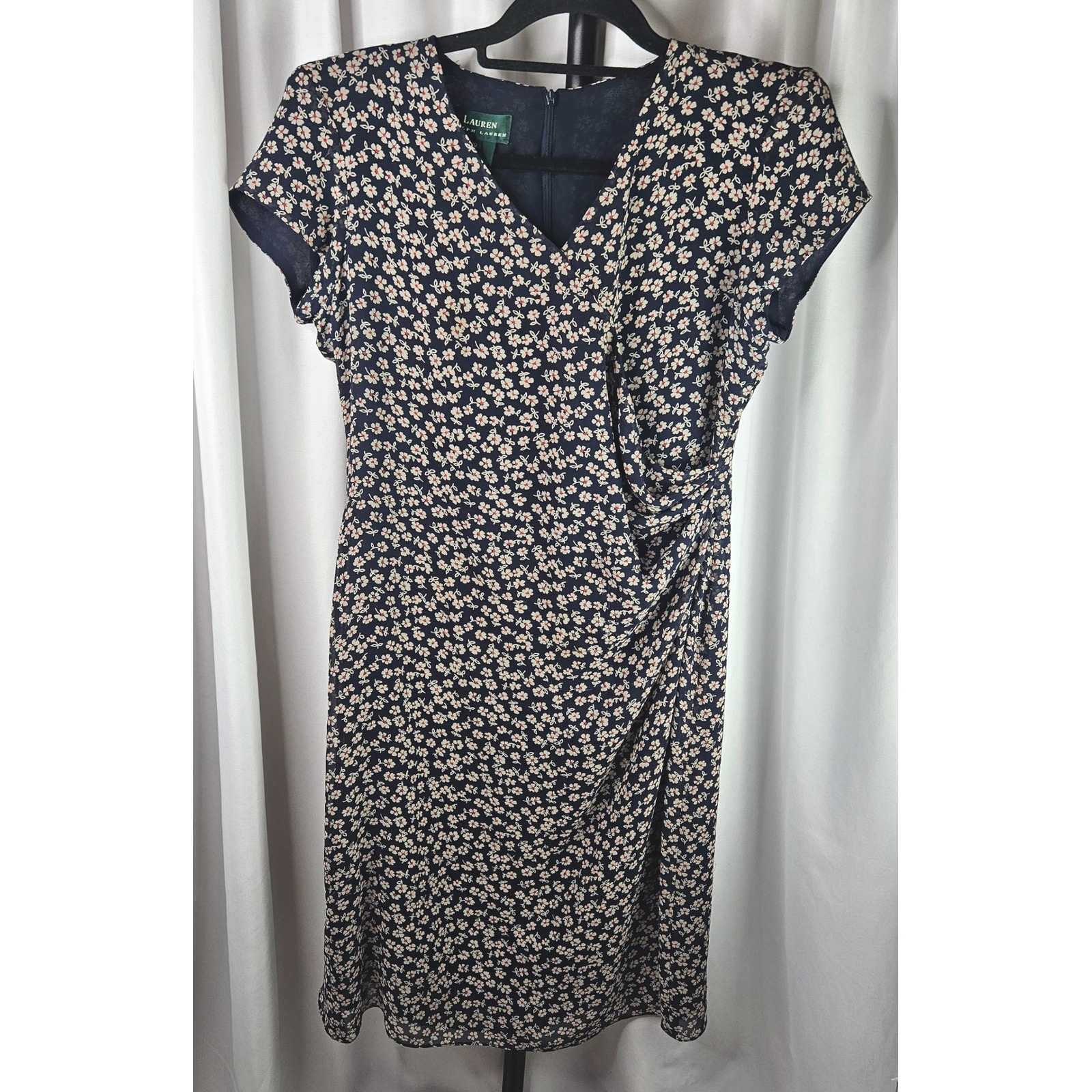 Womens Lauren Ralph Lauren Floral Silk Dress V-Neck Ruched Sheath Dress Size 10